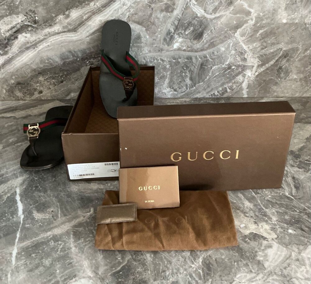 Vintage Gucci Cocoa Leather GG Lifford T Strap Thong Sandals Shoes Size 6